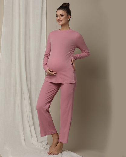 Wobbly Walk Pink Maternity Rib Knit Coord Set-Turtle Neck-Solid Color-Cotton-Bump Friendly