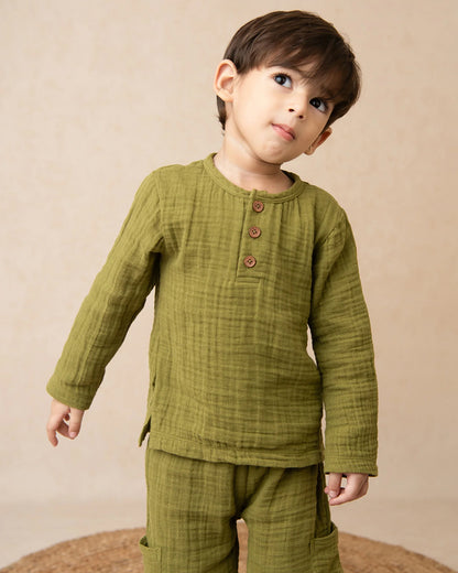 Cot & Candy Baby Olive Green Long Sleeves T-Shirt-Olive-Organic Muslin-For Infants