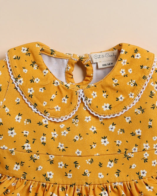 Cot & Candy Baby Yellow Frock Dress-Vintage Floral-Organic Cotton-For Infants