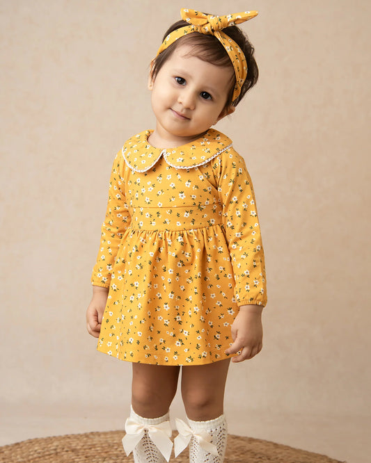 Cot & Candy Baby Yellow Frock Dress-Vintage Floral-Organic Cotton-For Infants