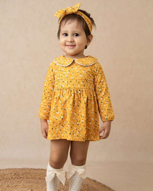 Cot & Candy Baby Yellow Frock Dress-Vintage Floral-Organic Cotton-For Infants