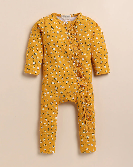 Cot & Candy Baby Yellow Sleepsuit-Vintage Floral-Organic Cotton-For Infants