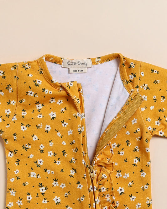 Cot & Candy Baby Yellow Sleepsuit-Vintage Floral-Organic Cotton-For Infants