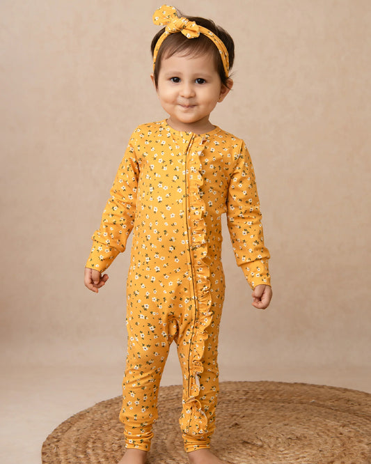 Cot & Candy Baby Yellow Sleepsuit-Vintage Floral-Organic Cotton-For Infants