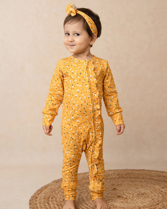 Cot & Candy Baby Yellow Sleepsuit-Vintage Floral-Organic Cotton-For Infants