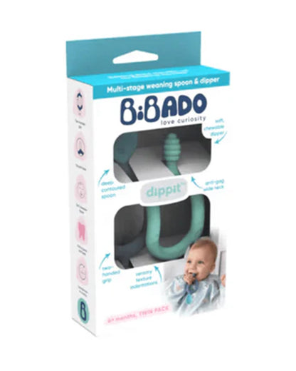 Bibado Dippit Multi Stage Baby Weaning Spoon and Dipper-For Self Feeding Infants-Green & Grey-Pack of 2
