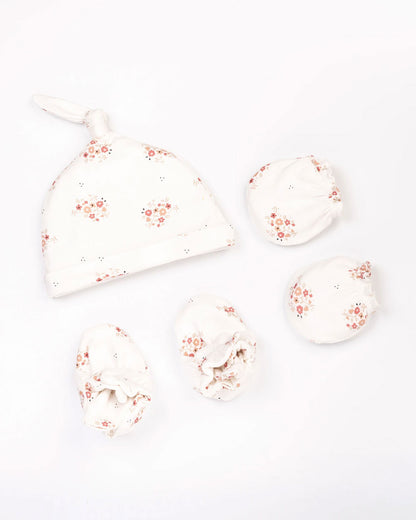 Beelittle White Caps, Booties & Mittens Set-Blossom Flowers-Printed-For Infants