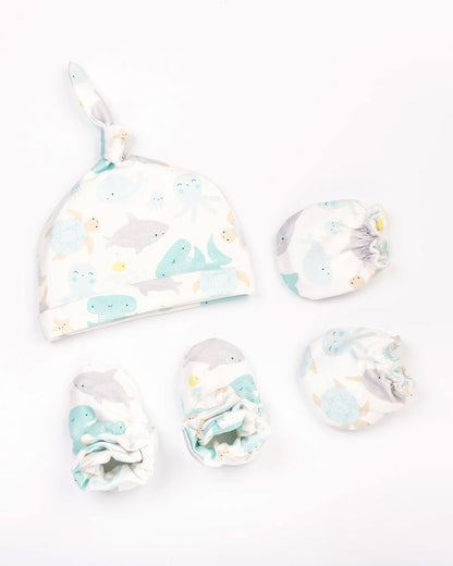 Beelittle White Caps, Booties & Mittens Set-Sea Party-Cotton-For Infants