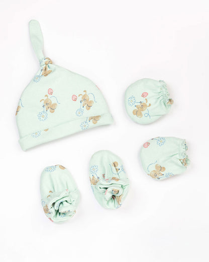 Beelittle Light Blue Caps, Booties & Mittens Set-Rat With Flowers-Cotton-For Infants