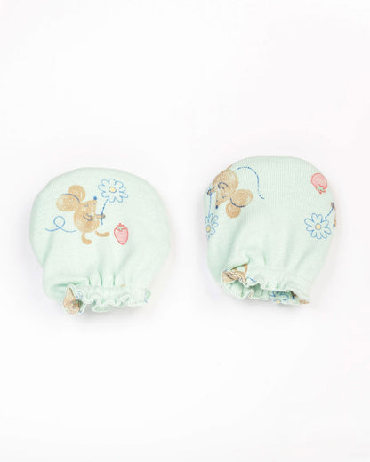 Beelittle Light Blue Caps, Booties & Mittens Set-Rat With Flowers-Cotton-For Infants