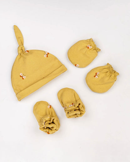 Beelittle Mustard Caps, Booties & Mittens Set-Mustard Butterfly-Cotton-For Infants