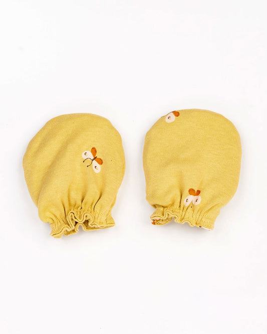 Beelittle Mustard Caps, Booties & Mittens Set-Mustard Butterfly-Cotton-For Infants