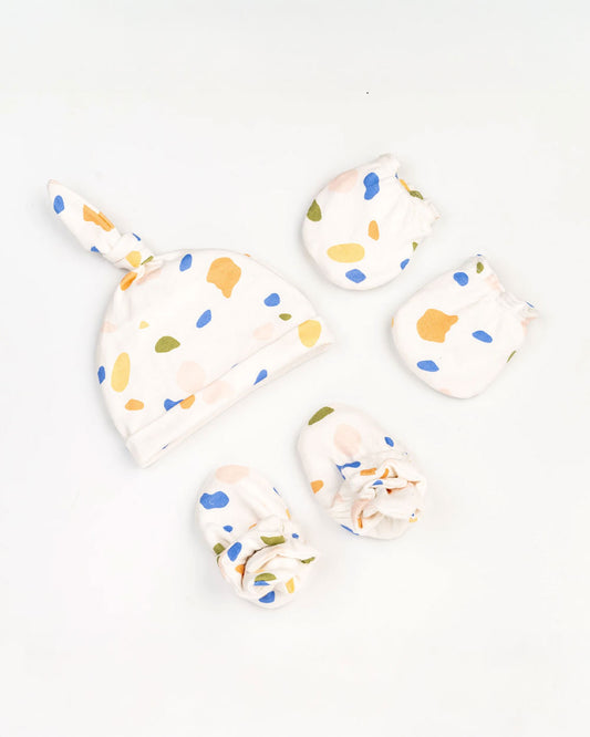 Beelittle White Caps, Booties & Mittens Set-Multicolored Pebbles-Cotton-For Infants