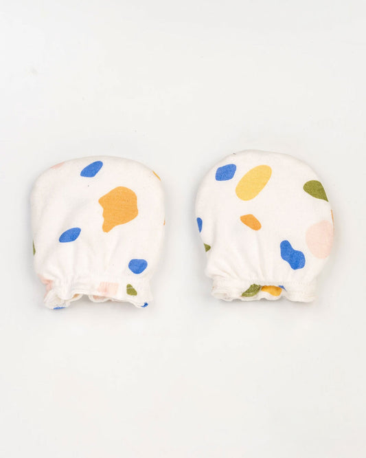 Beelittle White Caps, Booties & Mittens Set-Multicolored Pebbles-Cotton-For Infants