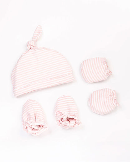 Beelittle Pink Caps, Booties & Mittens Set-Striped-Cotton-For Infants