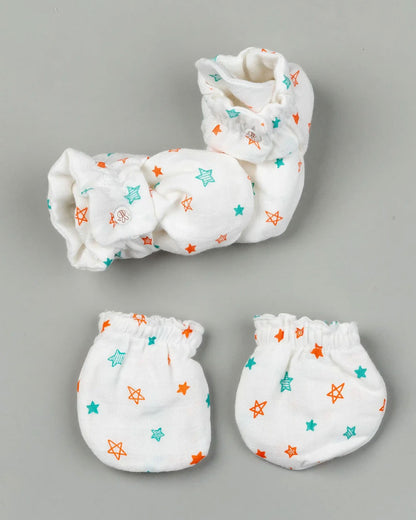 Beelittle White Booties & Mittens Set-Twinkle Twinkle-Organic Muslin-For Infants