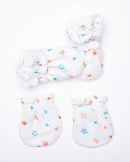 Beelittle White Booties & Mittens Set-Twinkle Twinkle-Organic Muslin-For Infants