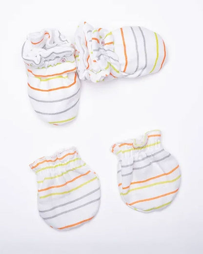 Beelittle White Booties & Mittens Set-Striped-Organic Muslin-For Infants