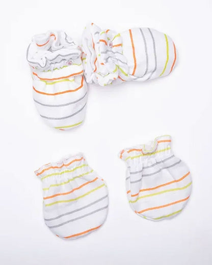Beelittle White Booties & Mittens Set-Striped-Organic Muslin-For Infants