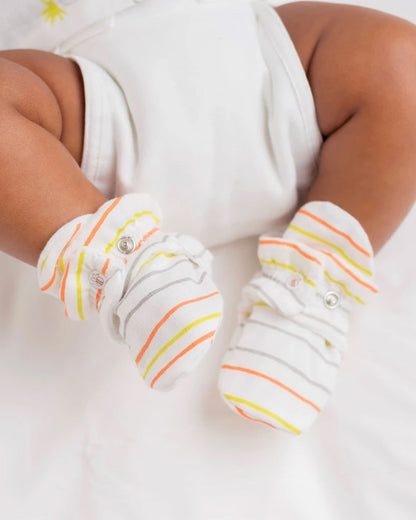 Beelittle White Booties & Mittens Set-Striped-Organic Muslin-For Infants