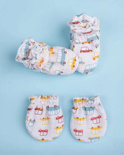 Beelittle White Booties & Mittens Set-Cars-Organic Muslin-For Infants