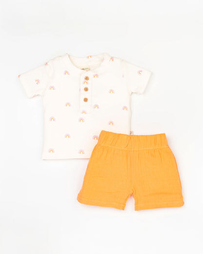 Beelittle White & Orange Top & Shorts Set-Rainbow-Cotton-For Infants
