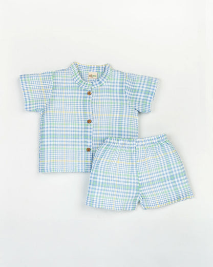 Beelittle Cyan Green Top & Shorts Set-Colorful Checks-Organic Cotton-For Infants