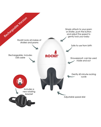 Rockit Rocker-Portable Stroller Rocker-Soothing 60 Minute Rocking Cycle-Adjustable Speed Dial-Requires Battery-White