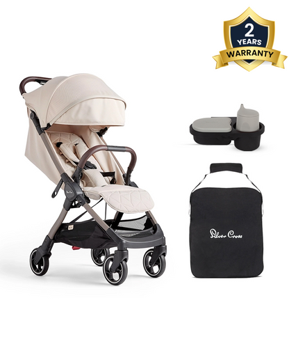 Silver Cross Clic Stroller-With Snack Tray, Stroller Bag & Rain Cover-Cabin Friendly-One Hand Fold-For 0 to 4Y (Upto 22 kg)-Almond