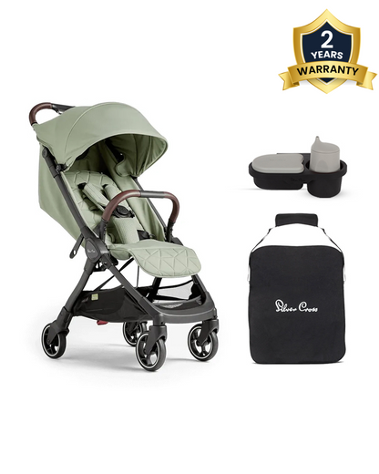 Silver Cross Clic Stroller-With Snack Tray & Stroller Bag-Cabin Friendly-One Hand Fold-For 0 to 4Y (Upto 22 kg)-Sage