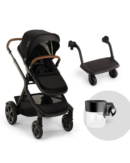 Nuna Demi Next Stroller-With Rider Board & Cup Holder-Stroller Features (Height Adjustable Parent Handle Bar, Reversible Seat Upto 22 Kg)-Rider Board Features (Quick & Easy Attachment, No Adapters Required, Upto 20 Kg)-Caviar