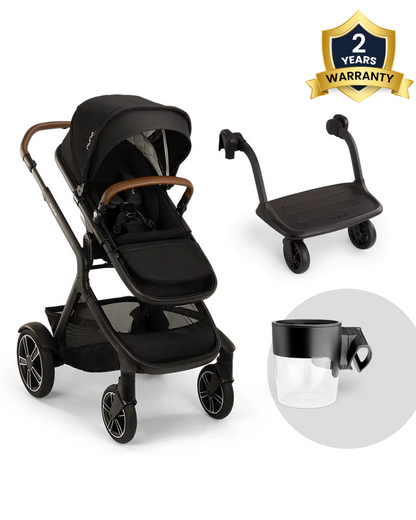 Nuna Demi Next Stroller-With Rider Board & Cup Holder-Stroller Features (Height Adjustable Parent Handle Bar, Reversible Seat Upto 22 Kg)-Rider Board Features (Quick & Easy Attachment, No Adapters Required, Upto 20 Kg)-Caviar