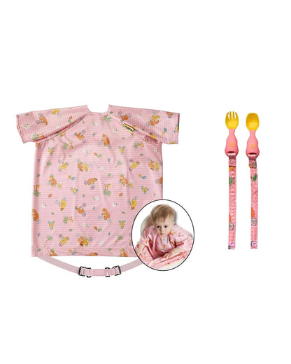 Bibado Short Sleeve Coverall Weaning Bib & Attachable Handi Cutlery Bundle-Teddy Bear Pink-For Infants
