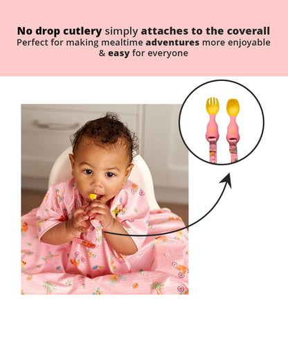 Bibado Short Sleeve Coverall Weaning Bib & Attachable Handi Cutlery Bundle-Teddy Bear Pink-For Infants