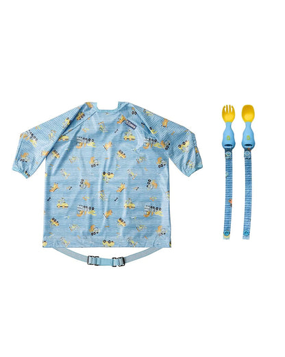 Bibado Long Sleeve Coverall Weaning Bib & Attachable Handi Cutlery Bundle-Speedy Dinos Turquoise-For Infants