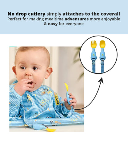 Bibado Long Sleeve Coverall Weaning Bib & Attachable Handi Cutlery Bundle-Speedy Dinos Turquoise-For Infants