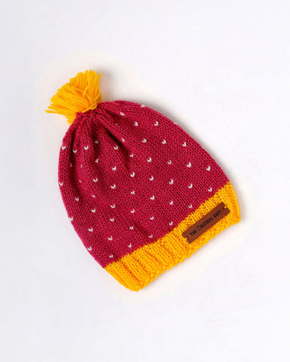 The Original Knit Maroon & Yellow Cap-Dotted Delight-Acrylic-For Infants