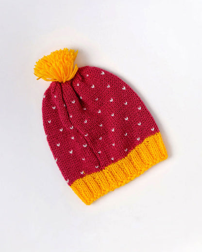 The Original Knit Maroon & Yellow Cap-Dotted Delight-Acrylic-For Infants