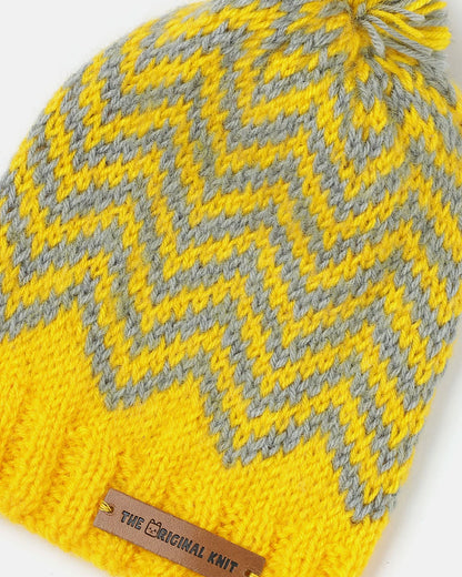 The Original Knit Yellow Cap-Handmade Self Design-Acrylic-For Infants