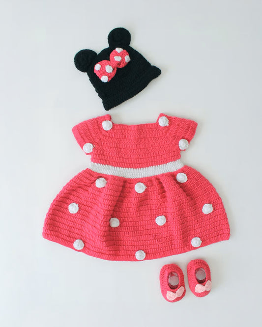 Woonie Pink Dress With Cap-Polka Dots-Acrylic Handmade-For Infants