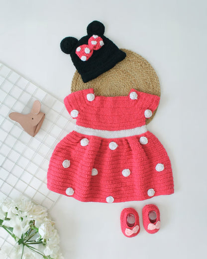 Woonie Pink Dress With Cap-Polka Dots-Acrylic Handmade-For Infants