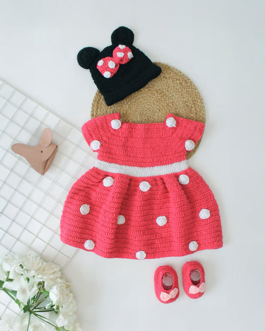 Woonie Pink Dress With Cap-Polka Dots-Acrylic Handmade-For Infants