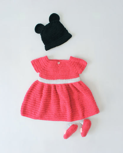 Woonie Pink Dress With Cap-Polka Dots-Acrylic Handmade-For Infants