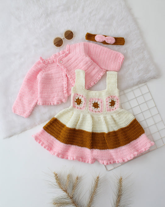 Woonie Pink Dress With Cardigan-Crochet-Acrylic Handmade-For Infants