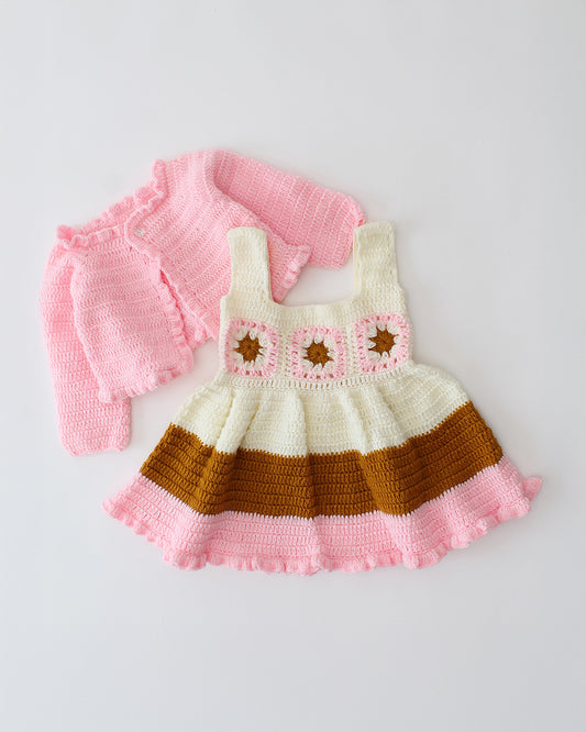 Woonie Pink Dress With Cardigan-Crochet-Acrylic Handmade-For Infants