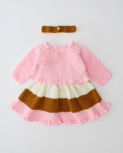 Woonie Pink Dress With Cardigan-Crochet-Acrylic Handmade-For Infants