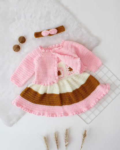 Woonie Pink Dress With Cardigan-Crochet-Acrylic Handmade-For Infants