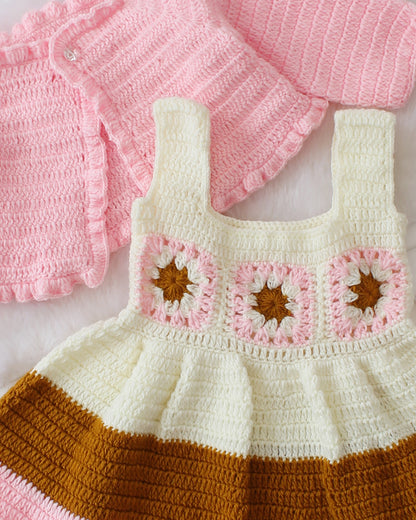 Woonie Pink Dress With Cardigan-Crochet-Acrylic Handmade-For Infants