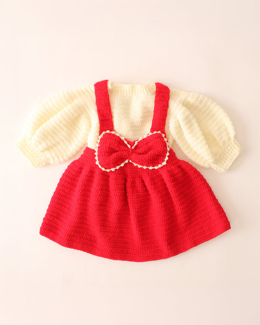 Woonie Red & Cream Dungaree Dress-Solid-Acrylic Handmade-For Infants