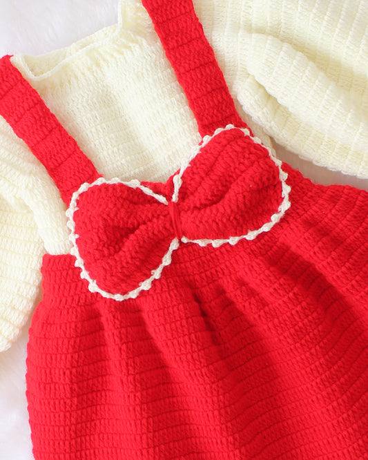 Woonie Red & Cream Dungaree Dress-Solid-Acrylic Handmade-For Infants